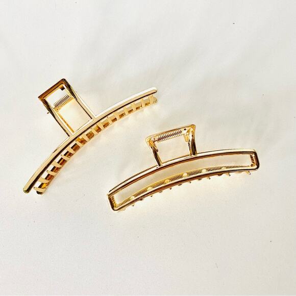 NEW ANTHROPOLOGIE Jumbo XL Rectangular Open Gold Metal Hair Claw Clip Set Duo 2 - Picture 1 of 4